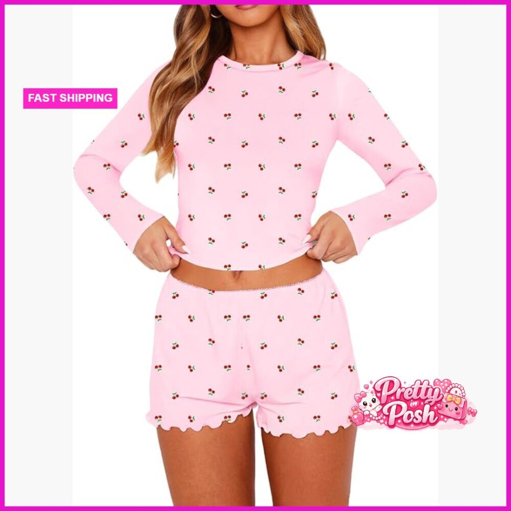 Polyester Spandex Long Sleeve V-Neck 2 Piece Pajama Set